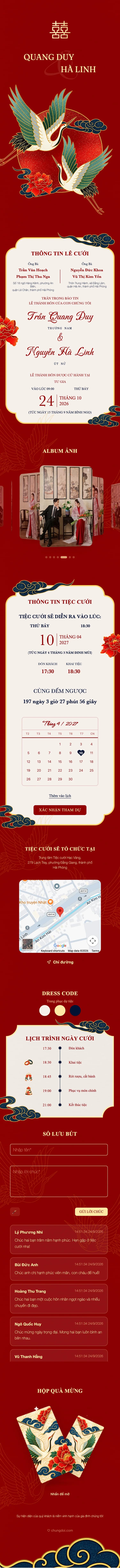Mẫu thiệp cưới Song Hạc Đỏ